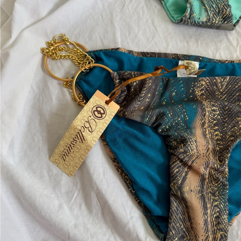 Bellissima Luxury Bikini Bottoms Teal & Bronze Feather Print Side Tie Size L NEW - Picture 5 of 16
